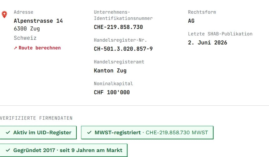 Schweizer Firmenprofil mit den Badges „Aktiv im UID-Register“, „MWST-registriert“ und „Gegründet 2017 · seit 9 Jahren am Markt“
